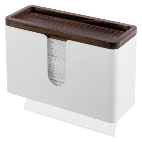 Deluxe Modern Matte White Metal Folded Commercial Paper Towel Holder with Rustic Burnt Solid Wood Tray Lid