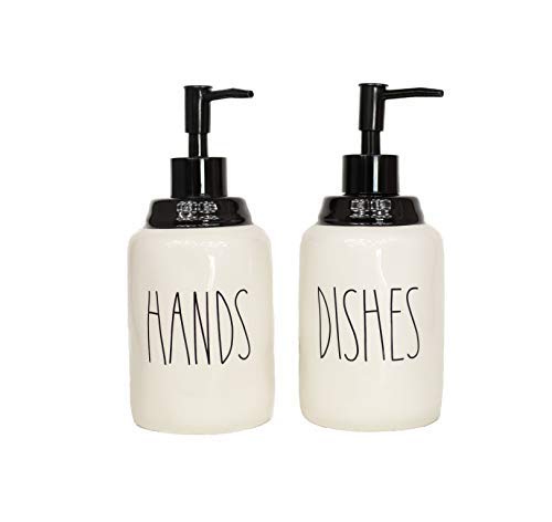Modern Farmhouse Ceramic Dishes and Hands Soap Dispenser Set for Kitchen (2 Count)