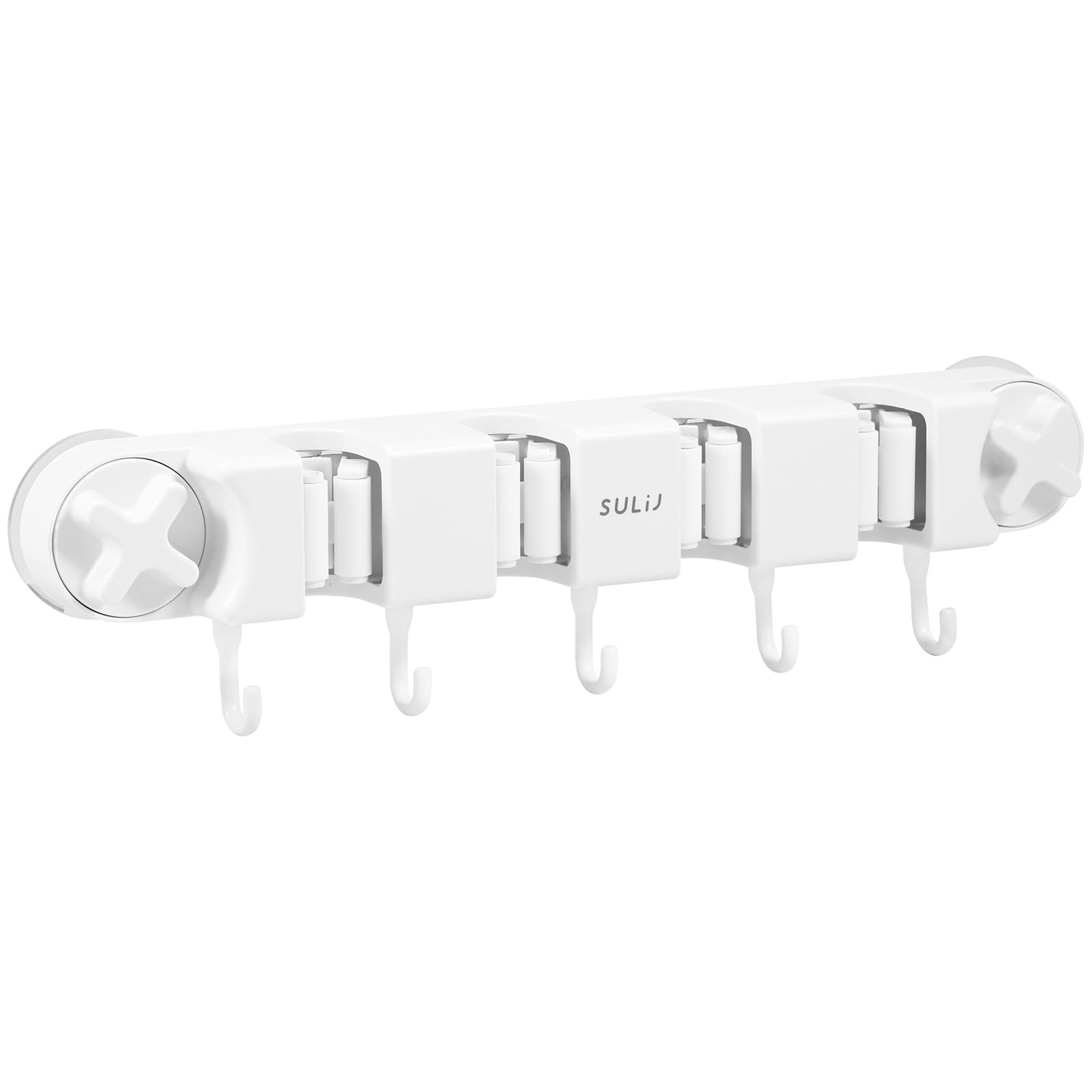 Broom Holder Wall Mount Sturdy Mop and Broom Organizer with 4 Racks and 5 Hooks Vacuum Suction Cup Broom Mop Holder for Home