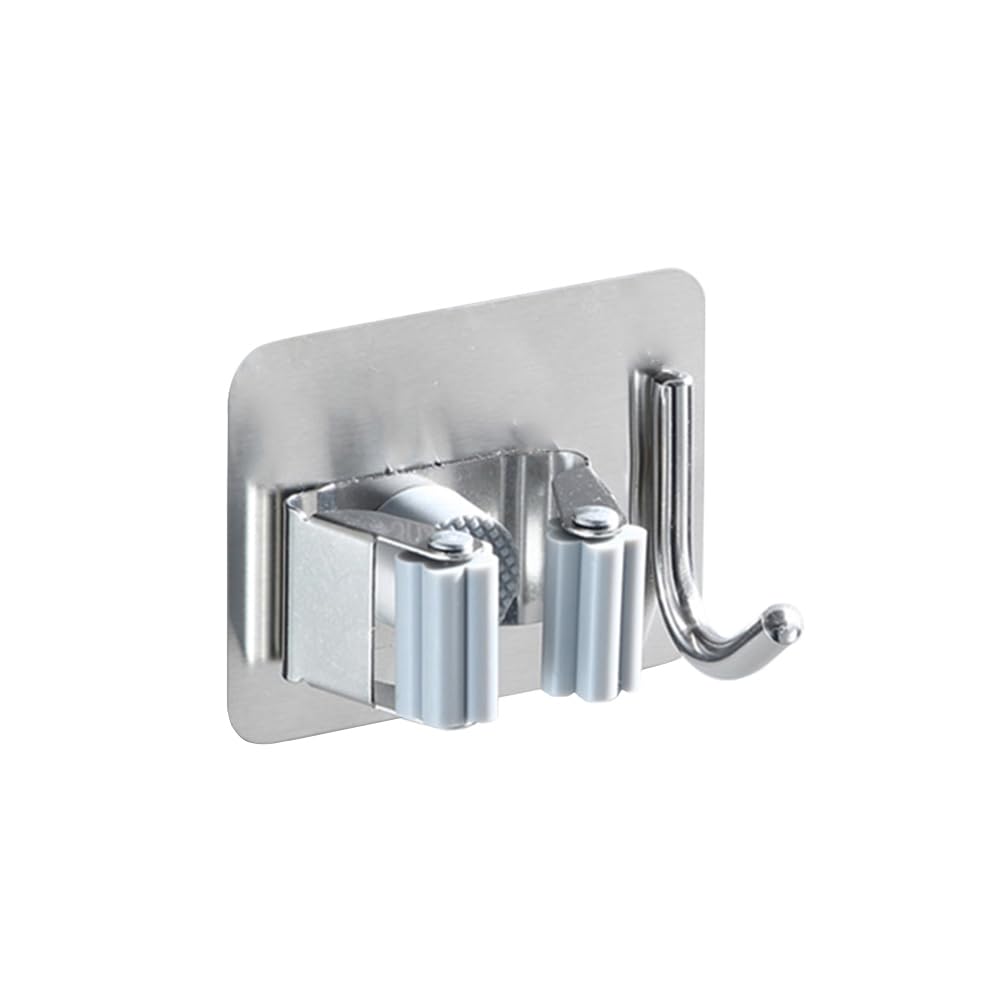 Pack of 4 Stainless Steel Broom Holder No Drill Mop Wall Mount Holder Gripper Rack with Hook Hanger Garden Tool Organizer (4 Count)