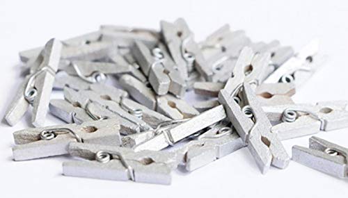 Wood Clips Strong Photos Pins Peg Home Party Decorative Accessories with Jute Twine Silver Pack 50 (50 Count)