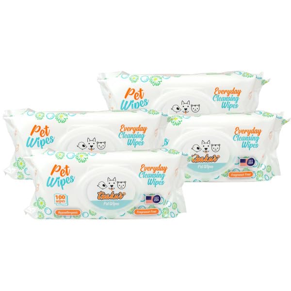 pet Wipes for Dogs and Cats Hypoallergenic Natural Products for Cleansing from Nose to Tail 400ct 8x7in Wipes in Packs of 100 Wipes Perfect for Grooming and Cleaning Made in the USA (400 Count)