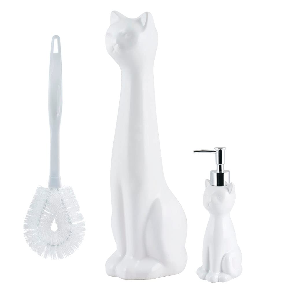 Cat 3 Piece White Ceramic Toilet Brush Holder w