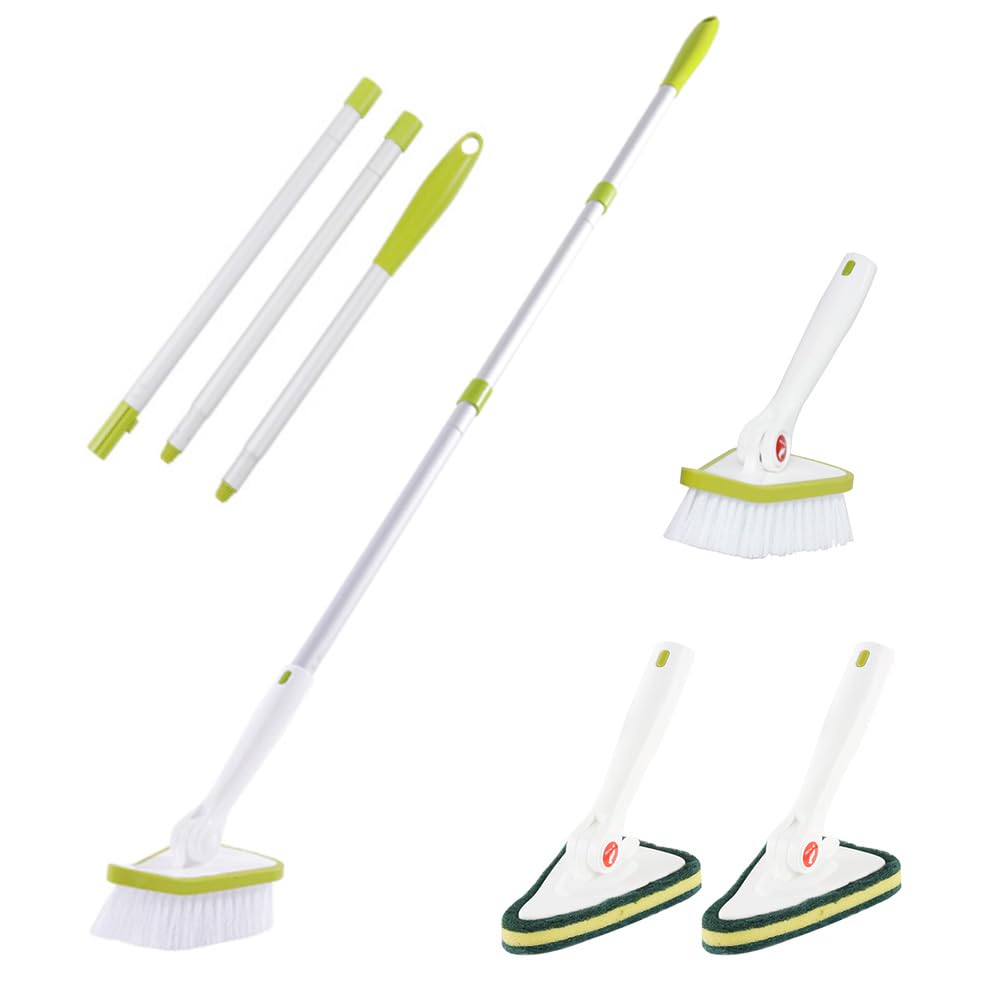 2 in 1 Bathroom Cleaning Brush with 48" Extendable Long Handle Detachable Scrub Brush 2 Scrubber Heads and 2 Scouring Pad Head for Bathroom Bathtub Floor Cleaning (4 Count)