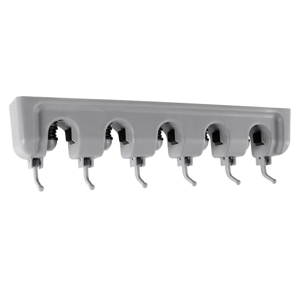 Mop Broom Holder Wall Mounted Storage Rack with Slots and Hooks for Garden Garage and Kitchen Organization Grey and Easy to Install Utility Rack