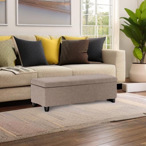 Avalon 48" Wide Linen Look Fabric Storage Ottoman in Fawn Brown