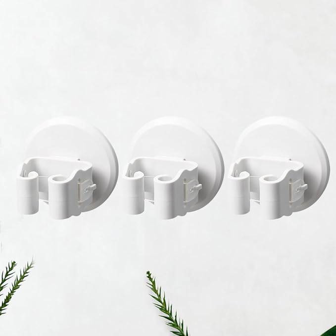 3pcs White Suction Cup Mop and Broom Holder Wall Mounted Clamp Set for Kitchen Laundry Garage Storage Organizer