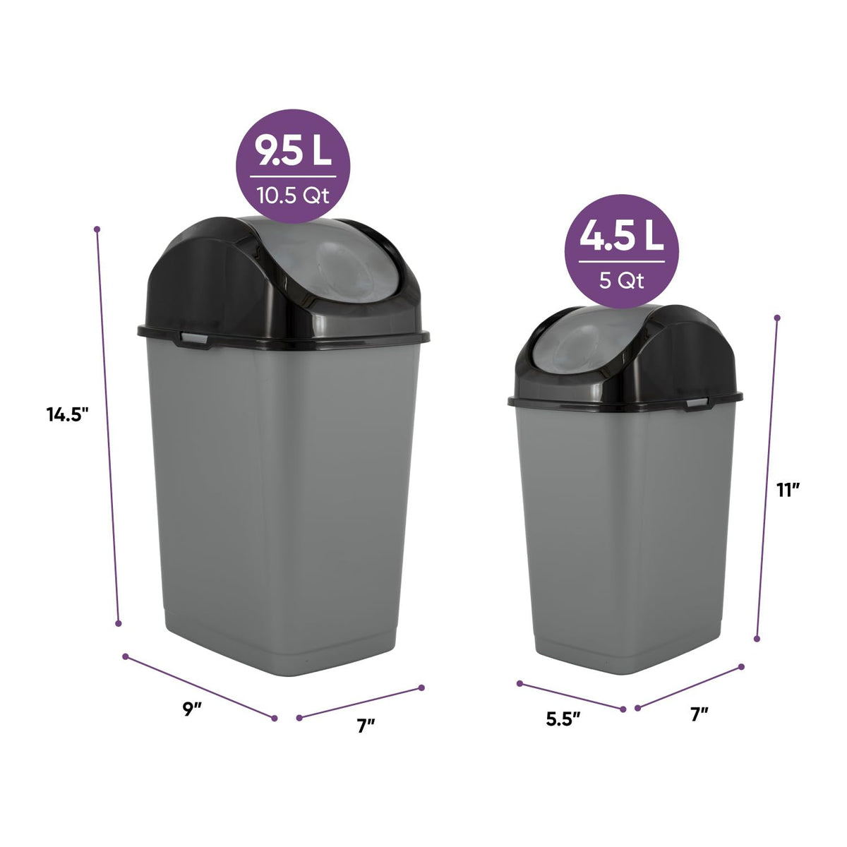 Mini 1.25 Gallon and Small 2.5 Gallon Plastic Trash Cans with Swing Top Lid (2 Count)