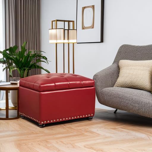 24'' Leather Storage Ottoman Rectangular Foot Rest Stool with Nailhead Trim for Bedroom Living Room