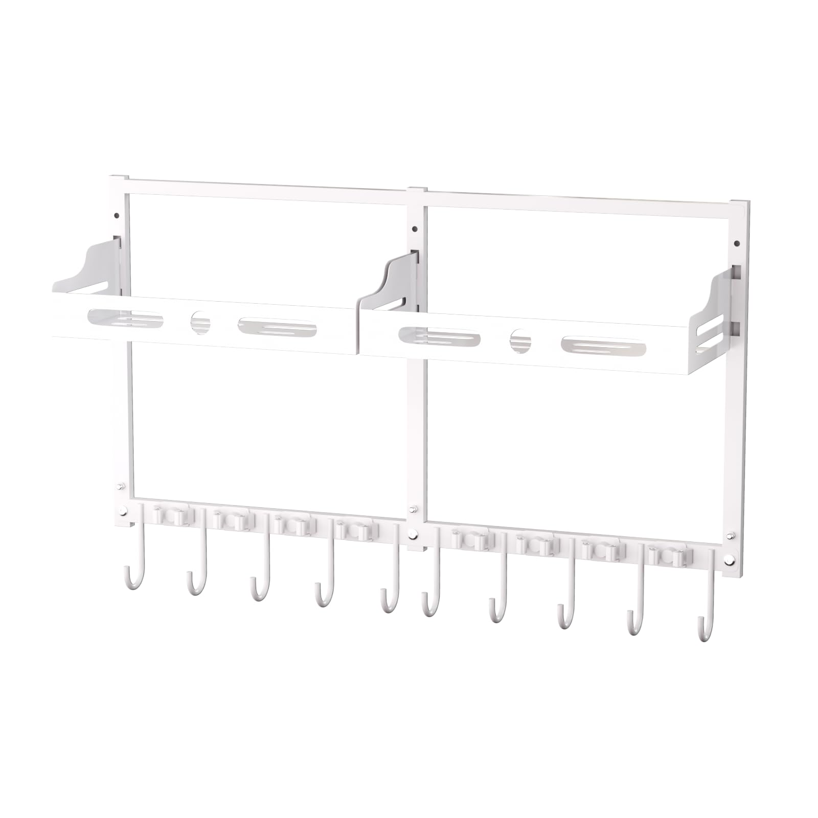 Heavy Duty Wall Mount Broom & Mop Organizer with Gripper Hooks & Storage Shelf for Garage