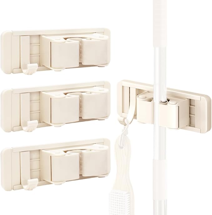 3PCS Mop and Broom Gripper with Hook Wall Mounted Self Adhesive or Drilling Mop Storage Rack for Closet Laundry Bathroom Cleaning Tool Organizer
