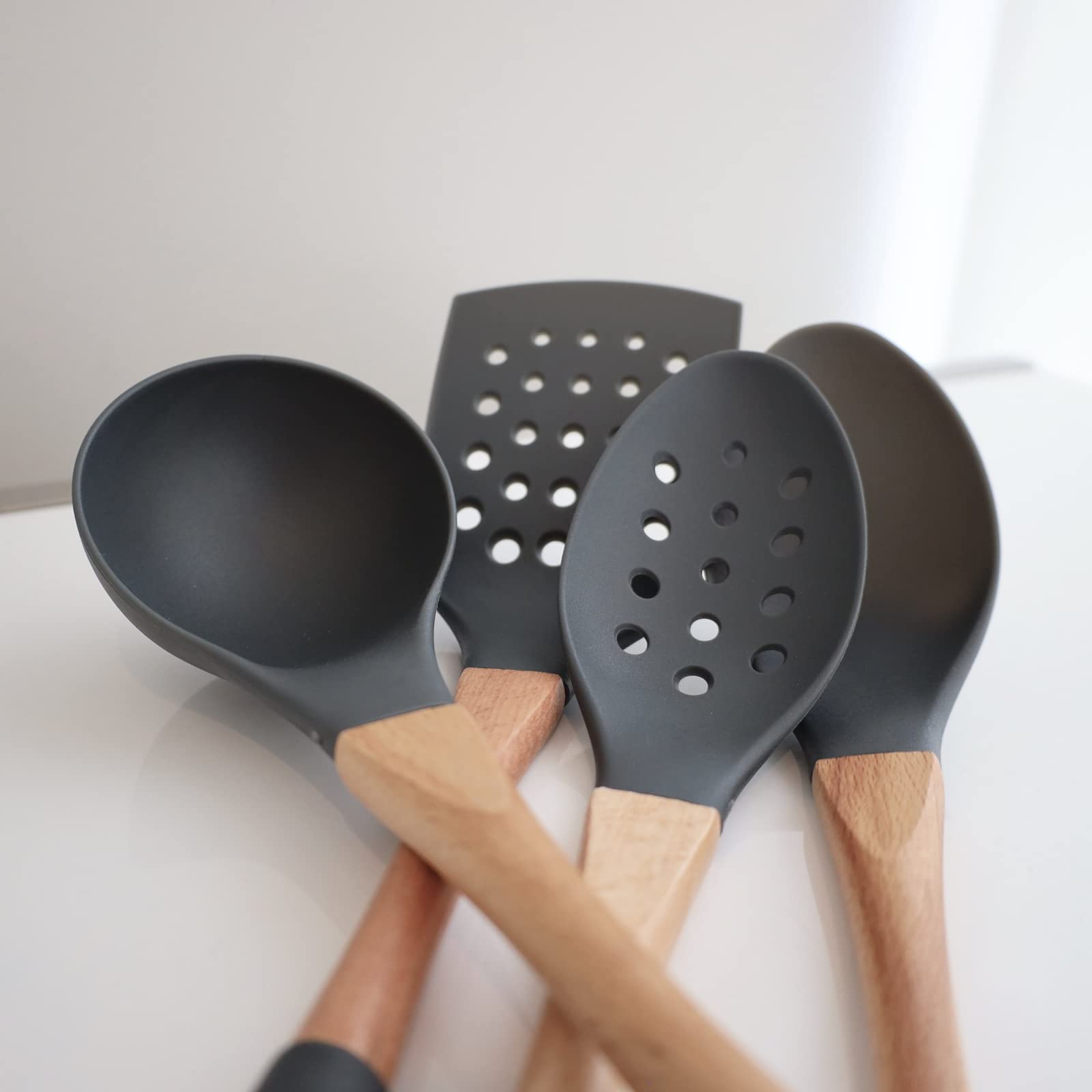 5pc Dark Grey Nylon Wooden Kitchen Utensils with Cooking Spoons