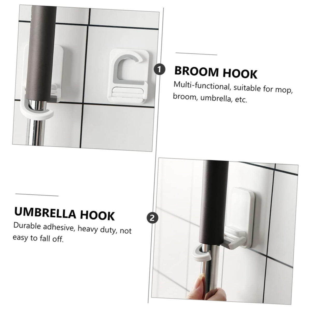 3pcs Punch Wall Mounted Mop Organizer Broom Hooks Space Saving Mop Holder for Home Kitchen Bathroom Adhesive Rack