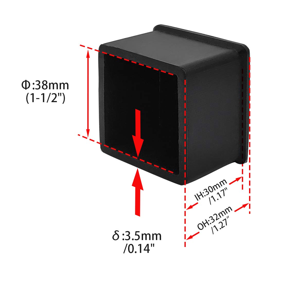 Non Slip Thick Rubber Leg Tips Floor Protectors Square Chair Leg Caps 38 x 38 mm