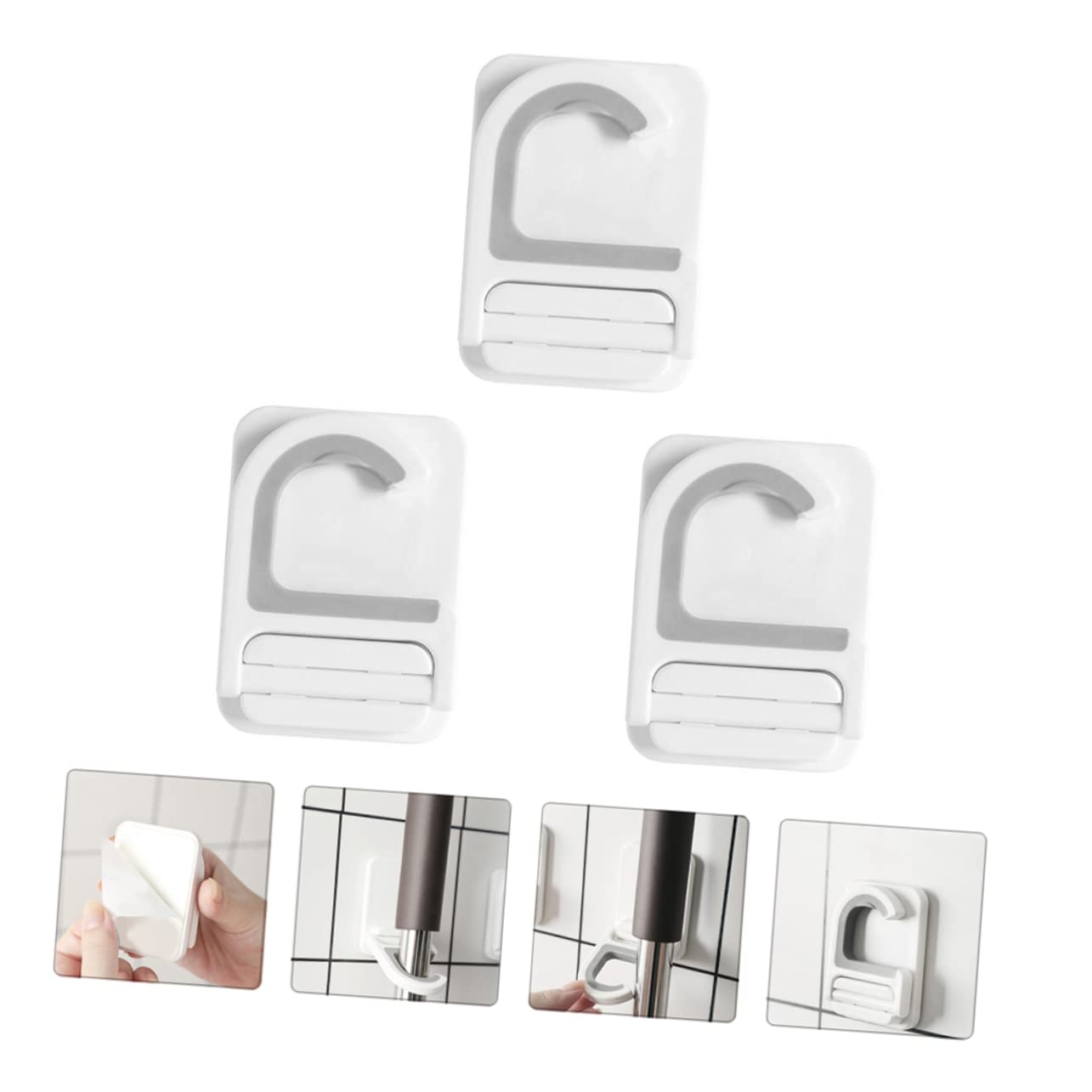 3pcs Punch Mop Holder Wall Mounted Broom Hooks Material Heavy Duty Adhesive Mop Clips for Neat Household Storage