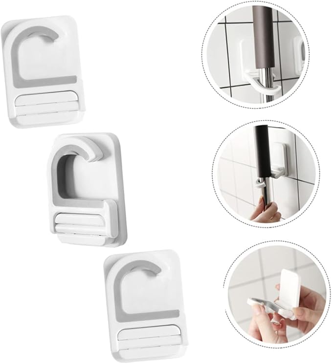 3pcs Wall Mounted Mop Holder Hooks Traceless Heavy Duty Broom Organizer Multifunctional Mop Hanger for Home Kitchen and Garage