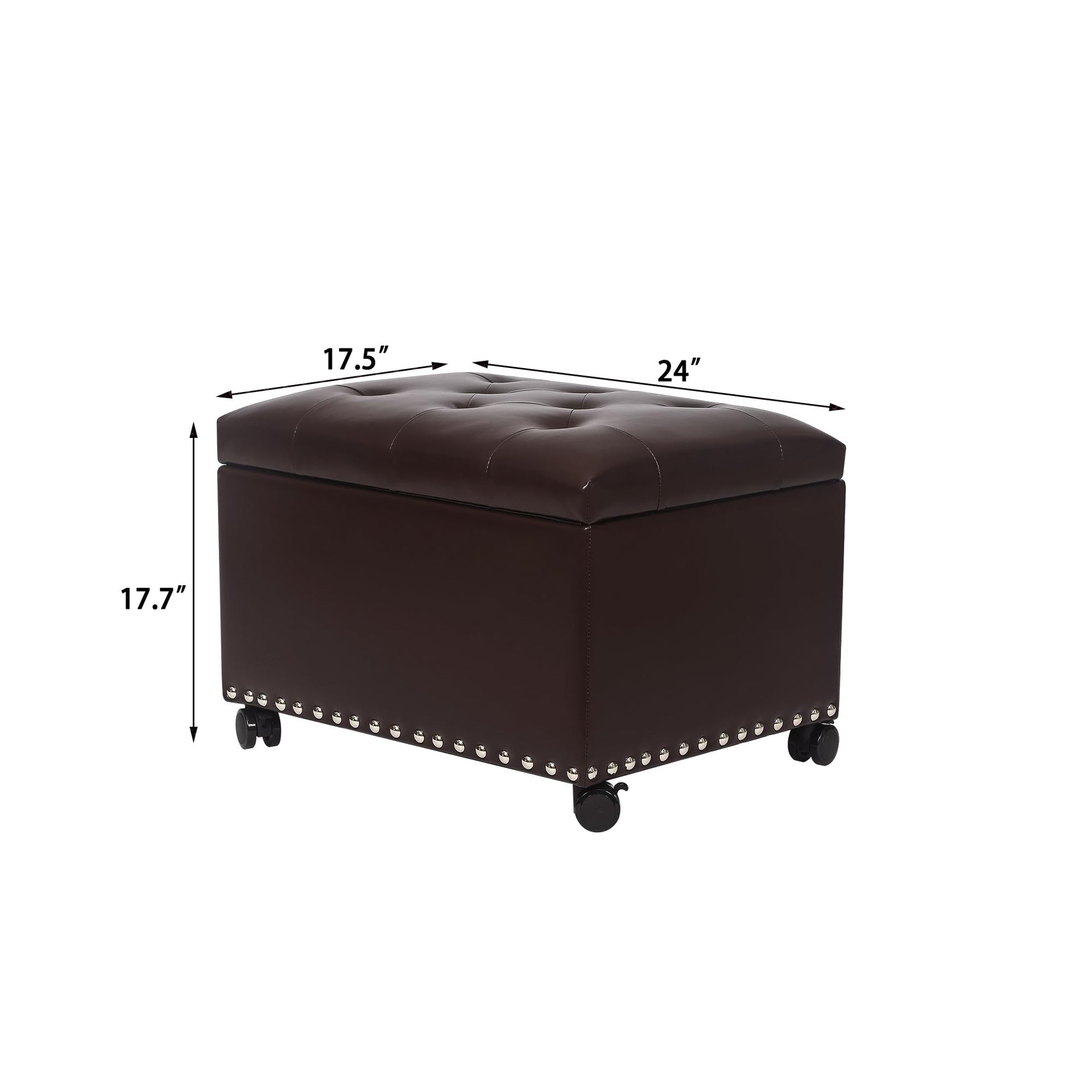 Leather Storage Ottoman with 360° Caster Wheels 24" Foot Rest Bench Rectangle Ottomans Stool for Living Room Bedroom