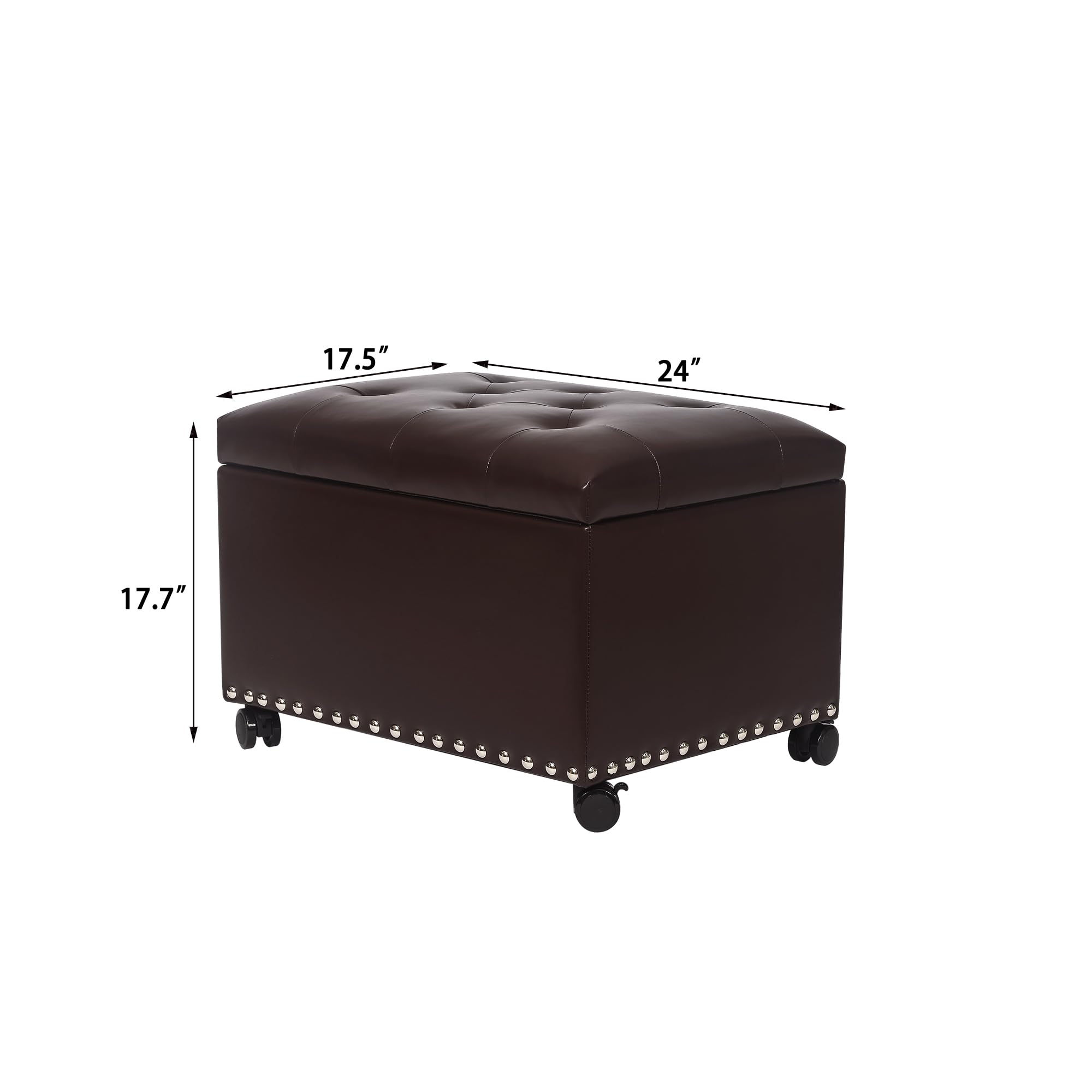 Leather Storage Ottoman with 360° Caster Wheels 24" Foot Rest Bench Rectangle Ottomans Stool for Living Room Bedroom