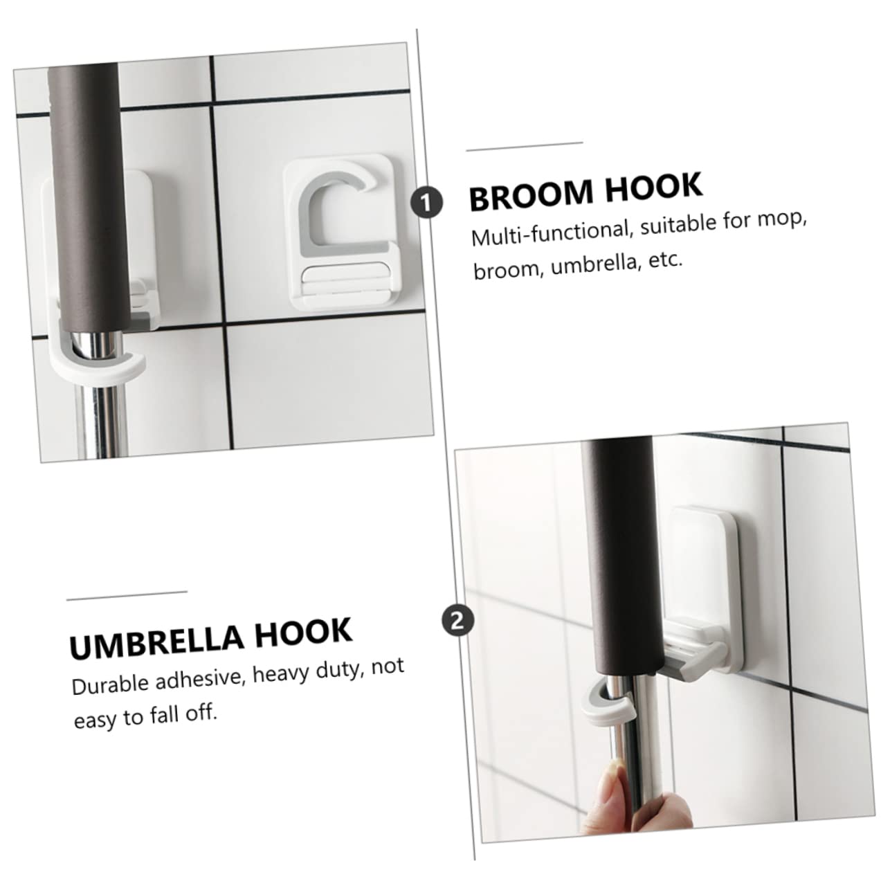 3pcs Punch Wall Mounted Mop Holder Clips Heavy Duty Adhesive Broom and Umbrella Organizer for Kitchen Bathroom Laundry Hanging Hooks
