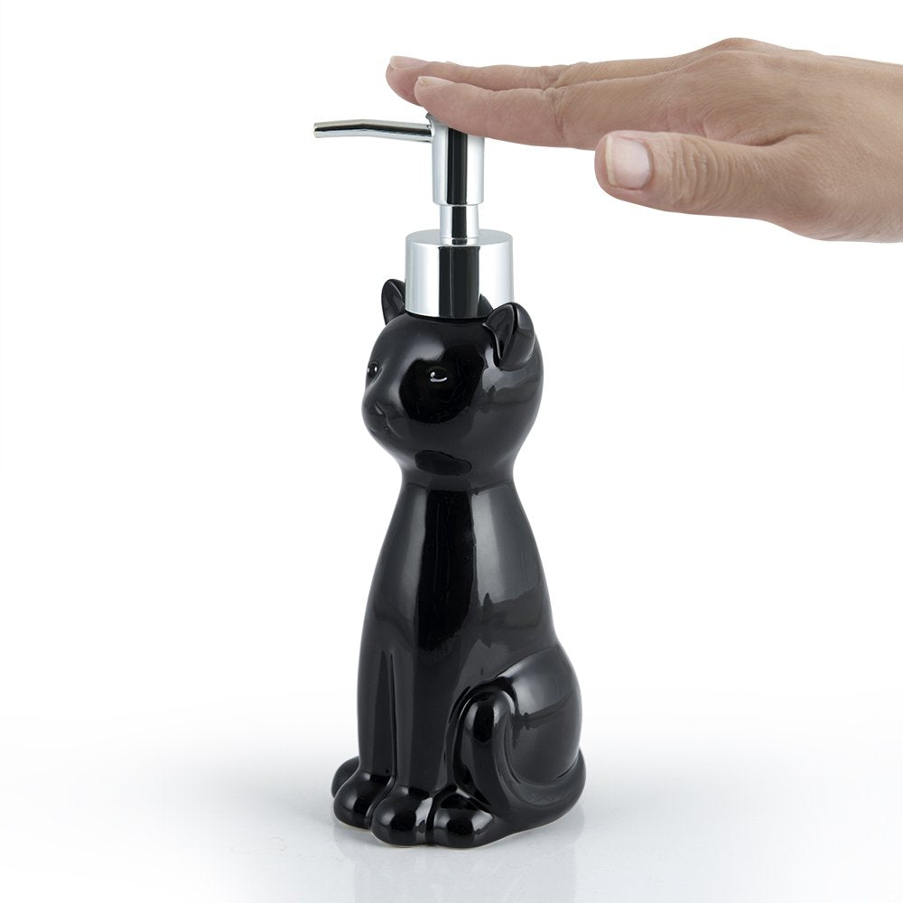 Cat 3 Piece Black Ceramic Toilet Brush Holder with White Plastic Brush and Soap Dispenser Set