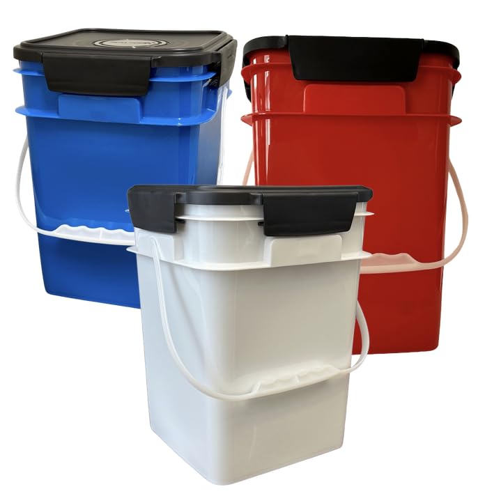 4 Gallon Square Food Grade Bucket Pail with Plastic Handles and Lid (3 Count)