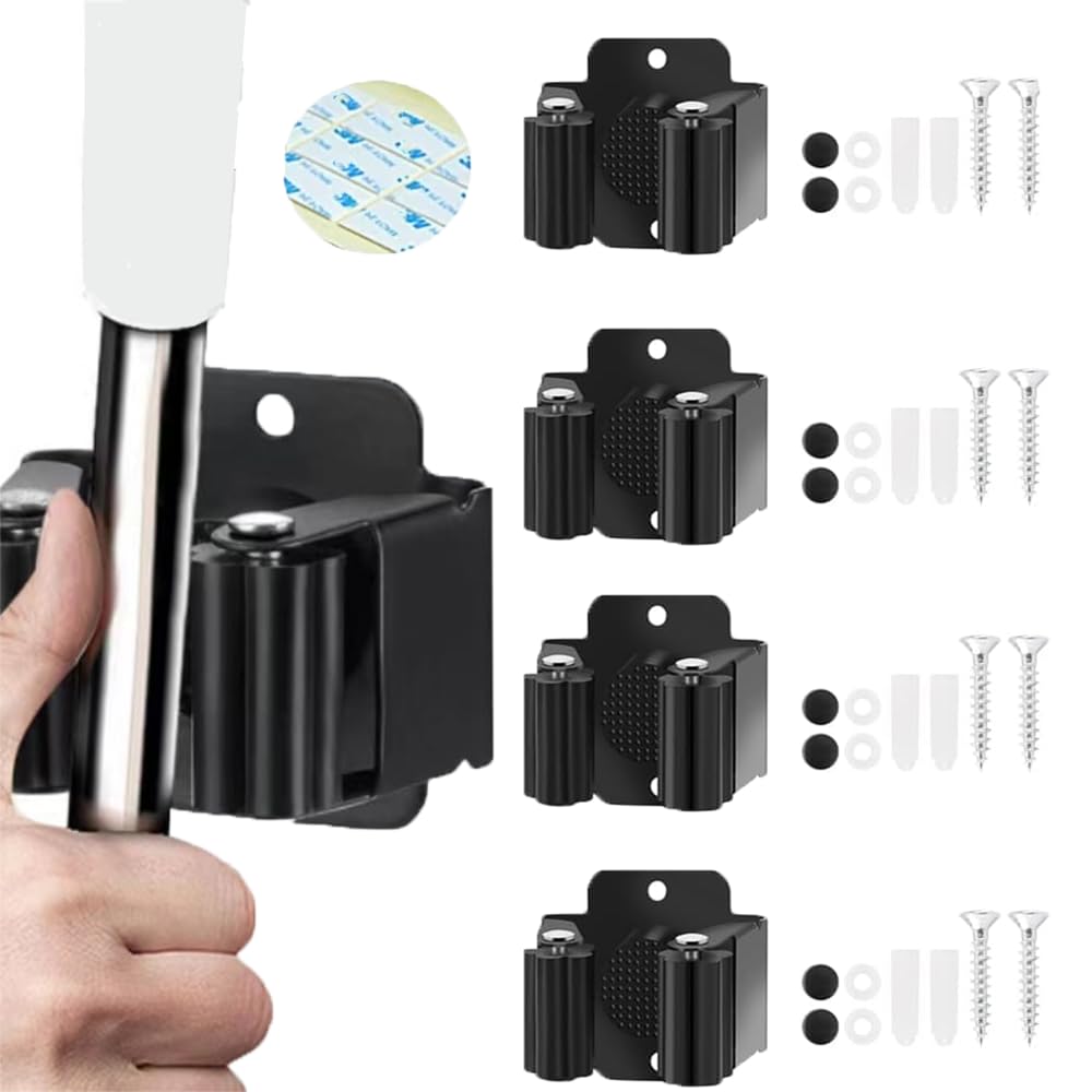 4Pcs peel and stick mop and broom holder wall mount Stainless Steel Heavy Duty Mop Holder Broom Hanger Wall with Screws (4 Count)