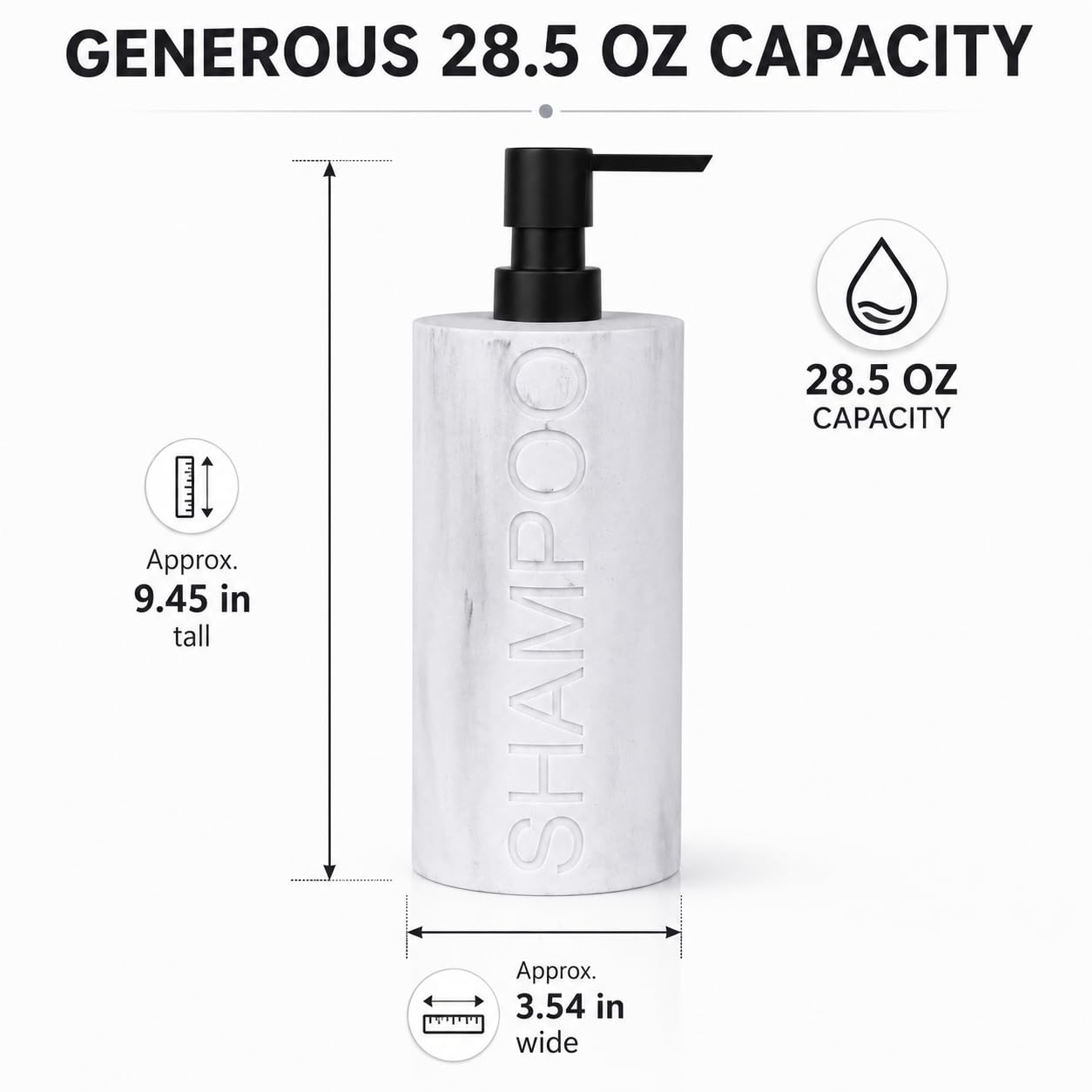 Resin White Marbled Shampoo Engraved Bottle Refillable Pump Dispenser