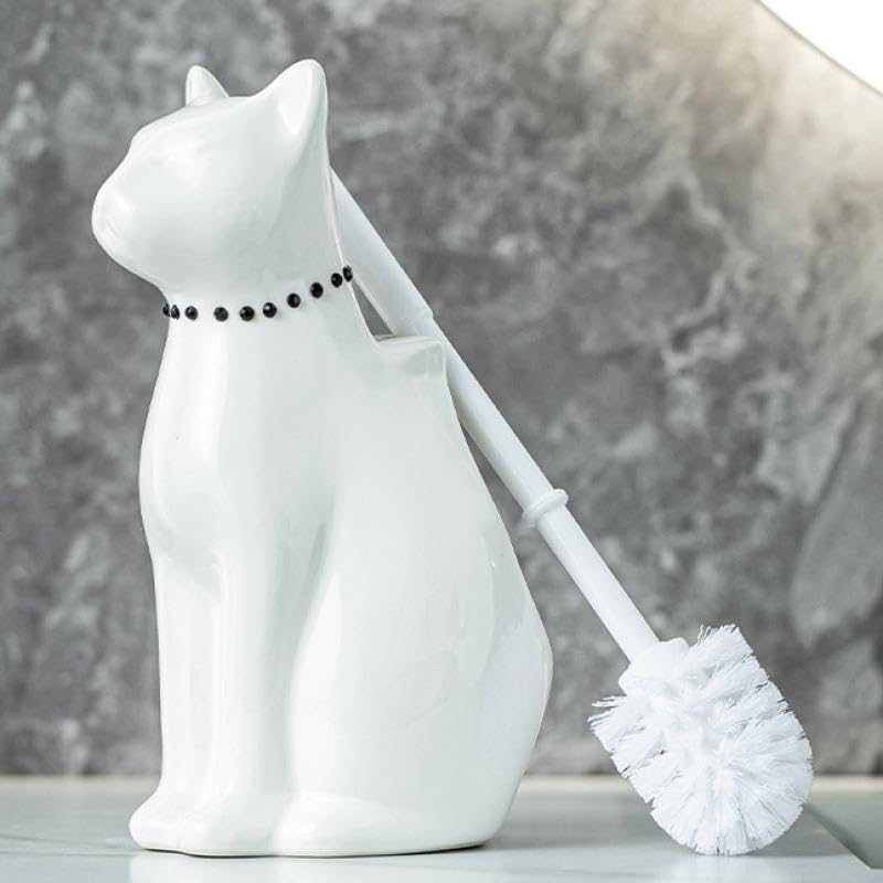 Ceramic Cat White Toilet Brush and Holder Set with Plastic Handle (2 Count)