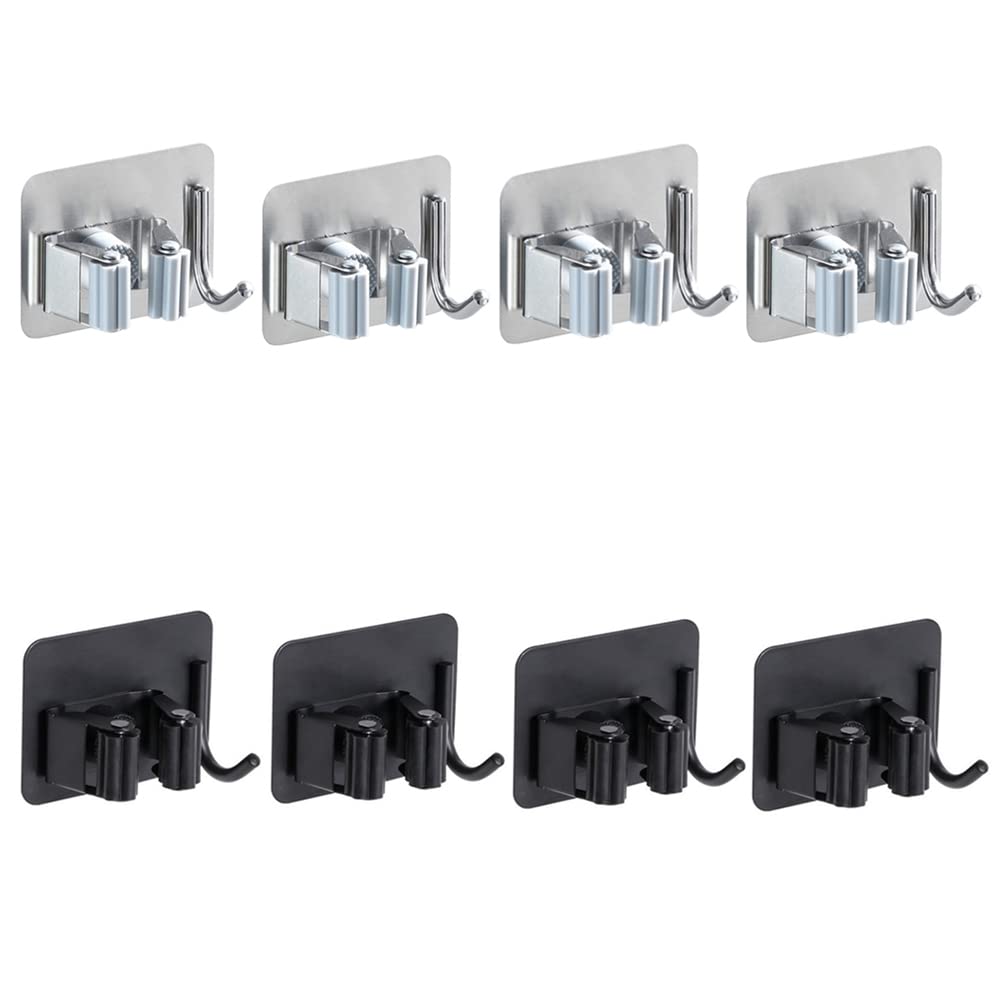Pack of 8 Stainless Steel Broom Holder No Drill Mop Wall Mount Holder Gripper Rack with Hook Hanger Garden Tool Organizer (4 Count)