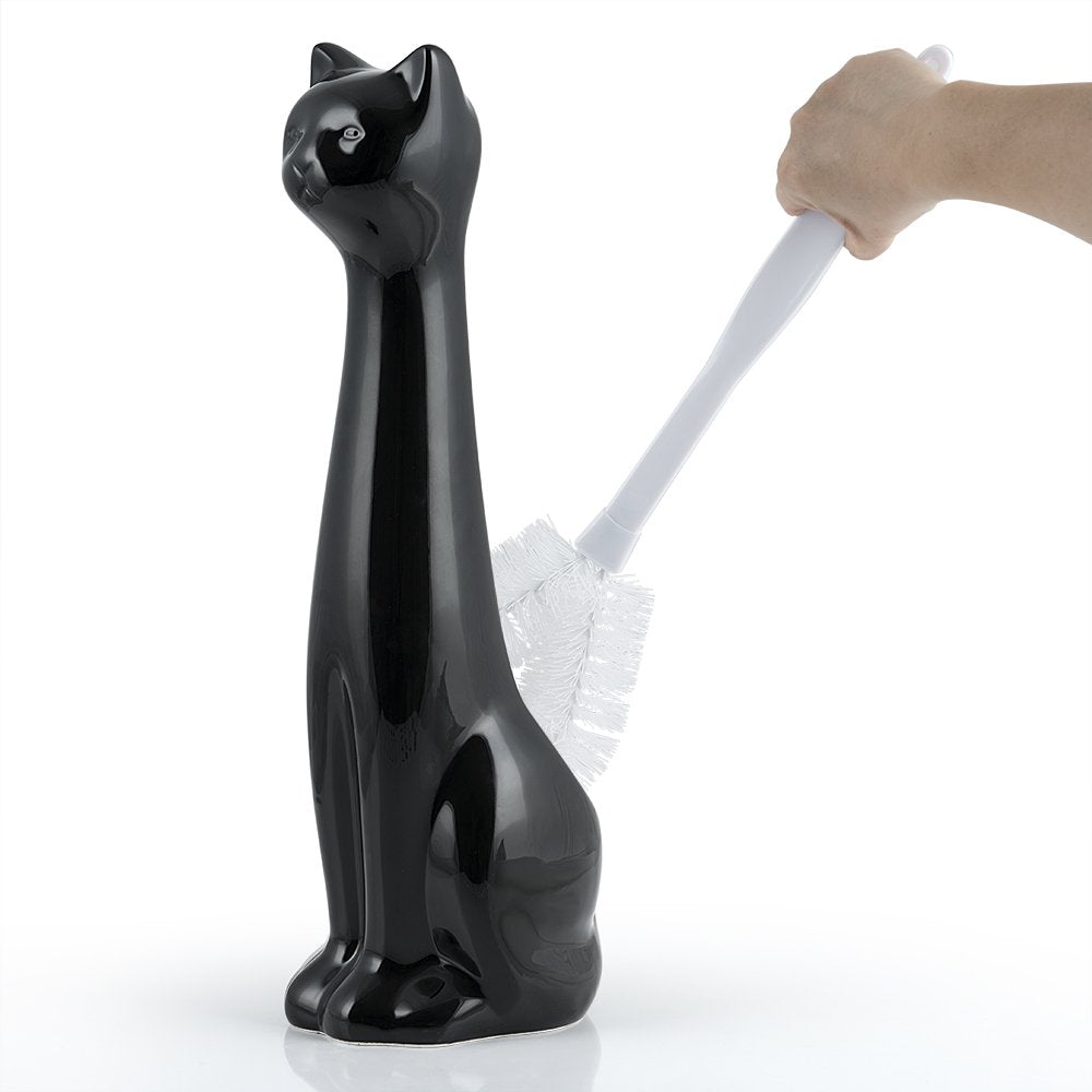Cat 3 Piece Black Ceramic Toilet Brush Holder with White Plastic Brush and Soap Dispenser Set