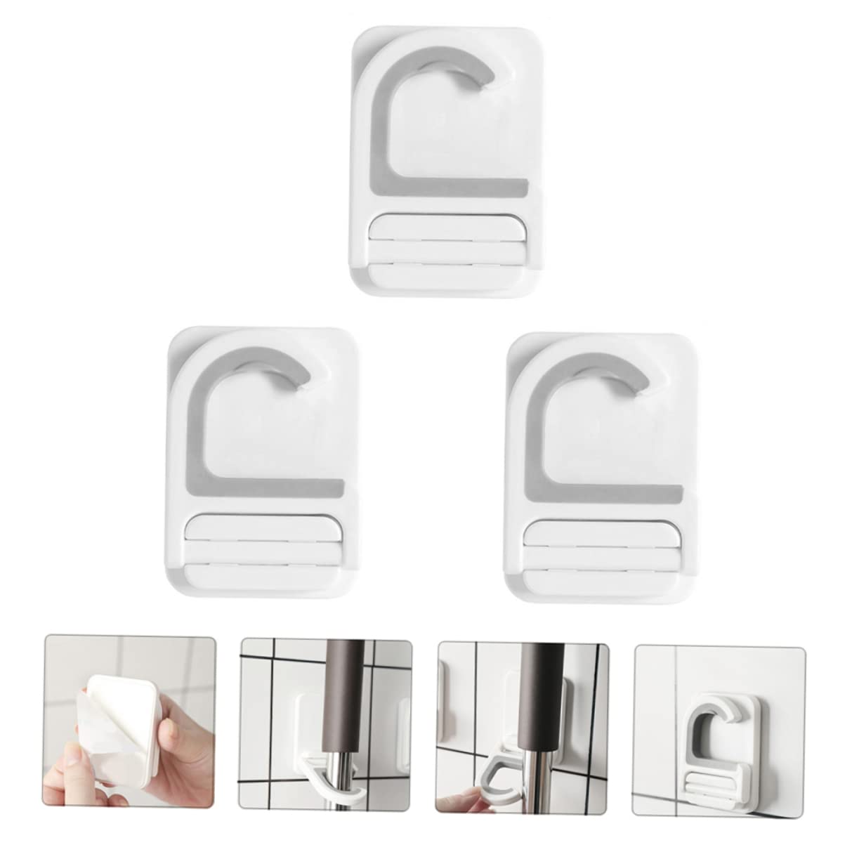 3pcs Punch Wall Mounted Mop Holder Clips Heavy Duty Adhesive Broom and Umbrella Organizer for Kitchen Bathroom Laundry Hanging Hooks