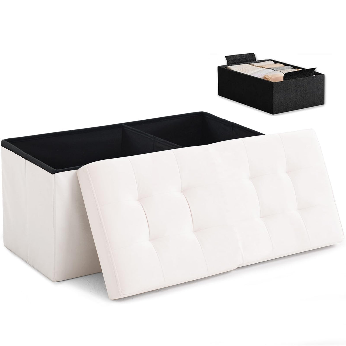 Ottoman with Storage Bench Folding Foot Rest Stool Velvet Cream