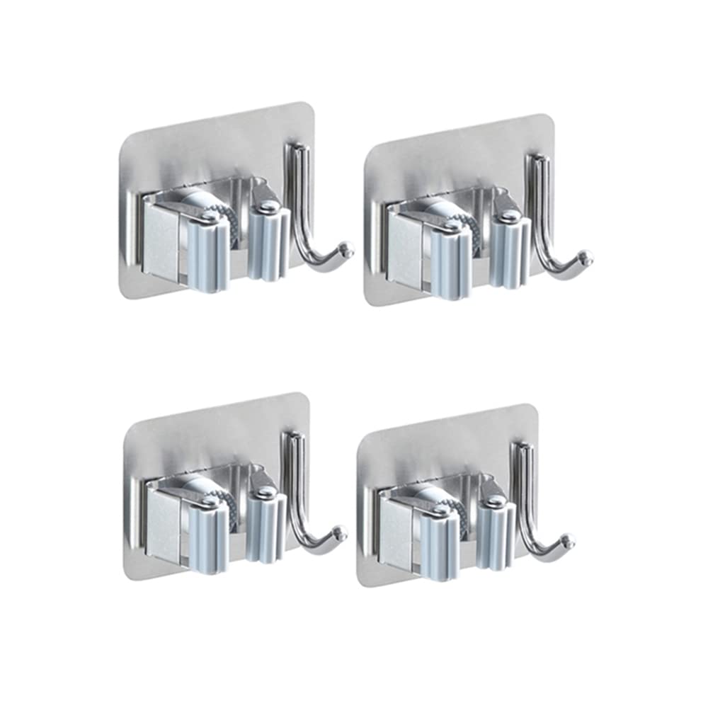 Pack of 4 Stainless Steel Broom Holder No Drill Mop Wall Mount Holder Gripper Rack with Hook Hanger Garden Tool Organizer (4 Count)