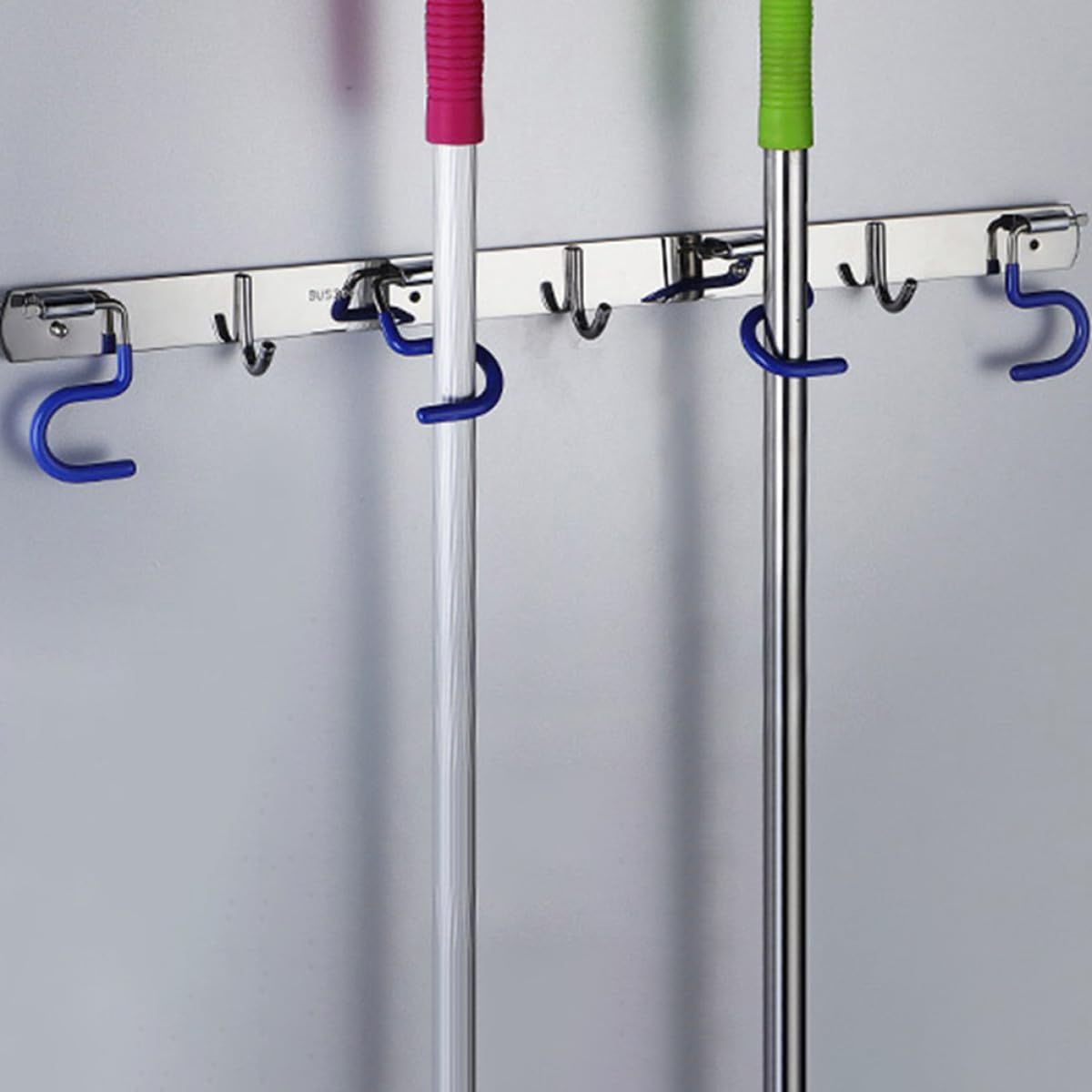 304 Stainless Steel Mop and Broom Holder Wall Mounted Rack with 2 Mop Grippers and 1 Hook