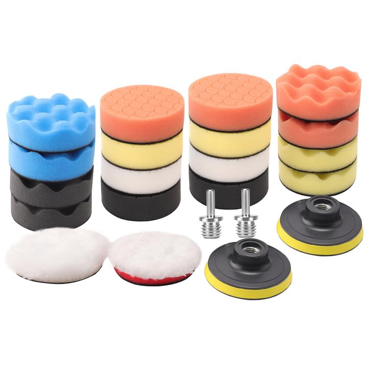 3''(80mm) Drill Polishing Kit, 22Pcs Car Polishing Foam Buffing Pads for Drill, Detail Polishing Kit Wool Pads Wax Buffer Polisher Attachment with M14 Thread Backing pad Adapters (22 Count)