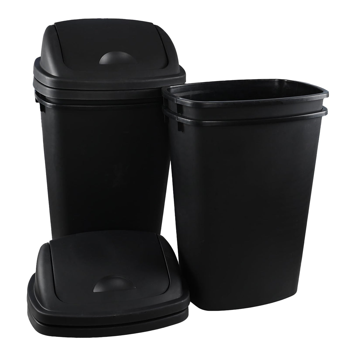 13 Gallon 4 Packs Black Plastic Trash Can with Swing Top Lid (4 Count)