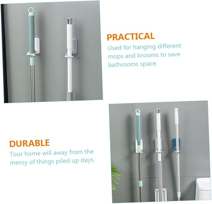 3pcs Microfiber Mop and Broom Holder Wall Mount Adhesive Mop Hanger Space Saving Broom Rack for Floor Cleaner Easy Install for Home