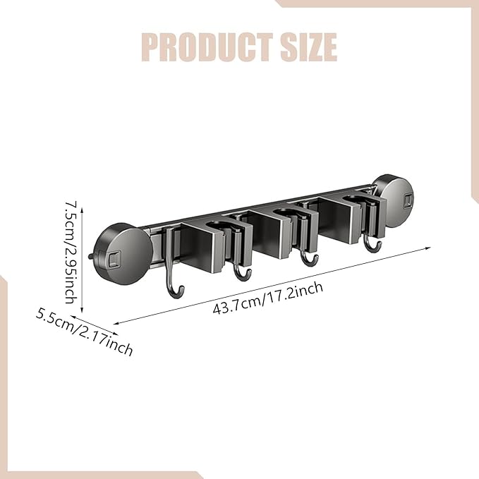 Wall-Mounted Mop and Broom Holder with Aluminum Housing, Rubber Tray and Hooks for Secure Storage of Cleaning Tools for Kitchen, Garage, 43.7cmx5.5cmx7.5cm