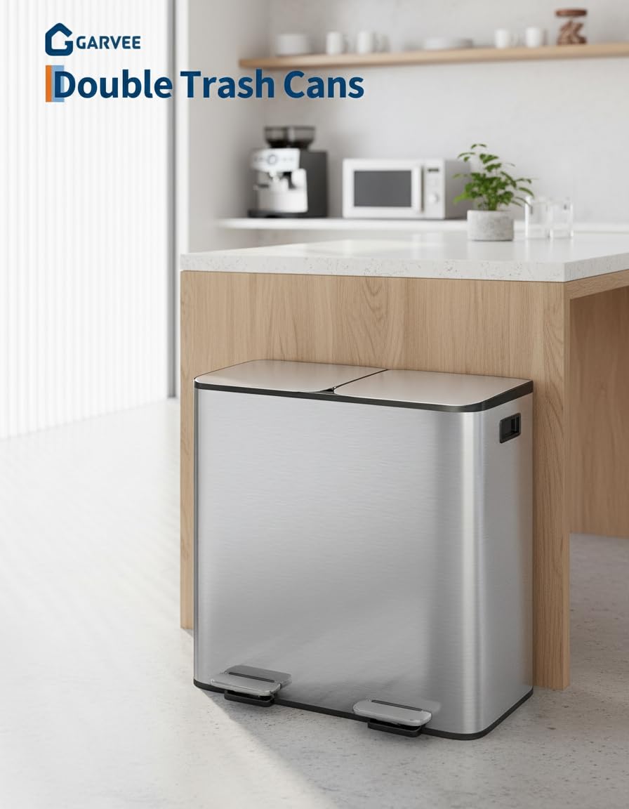 2 x 8 gal Stainless Steel Double Trash Can with Lid for Kitchen
