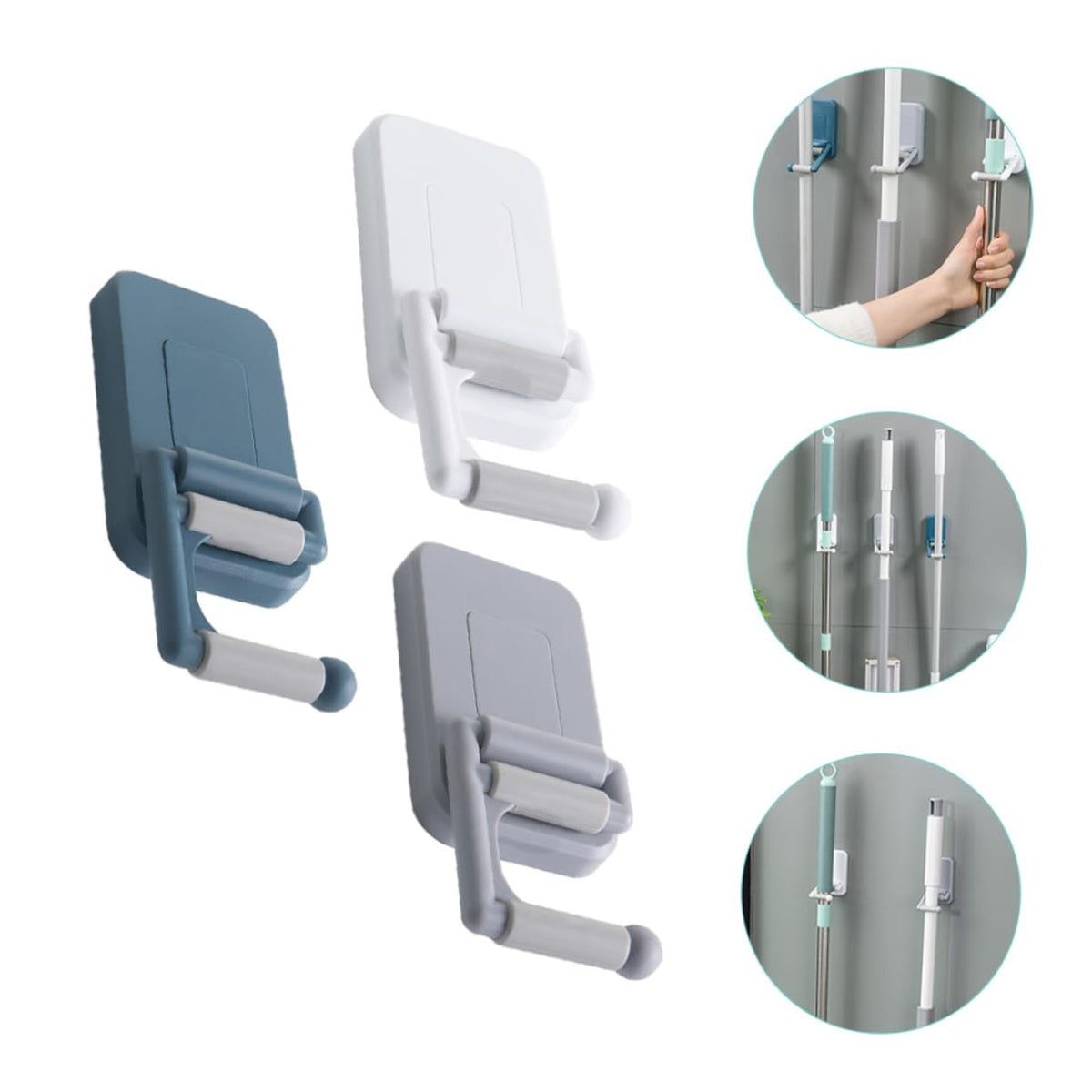 3pcs Punch Free Mop Hook Wall Mount Adhesive Broom Holder No Drilling Mop Organizer for Household Cleaning Sturdy and Convenient Grippers Random Color