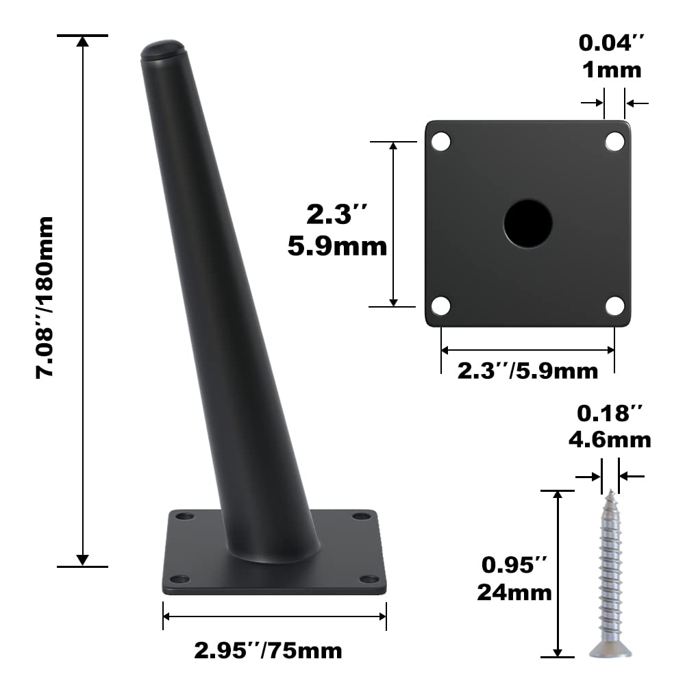 4PCS 7 Inch Matte Black Tapered Angled Legs for Furniture