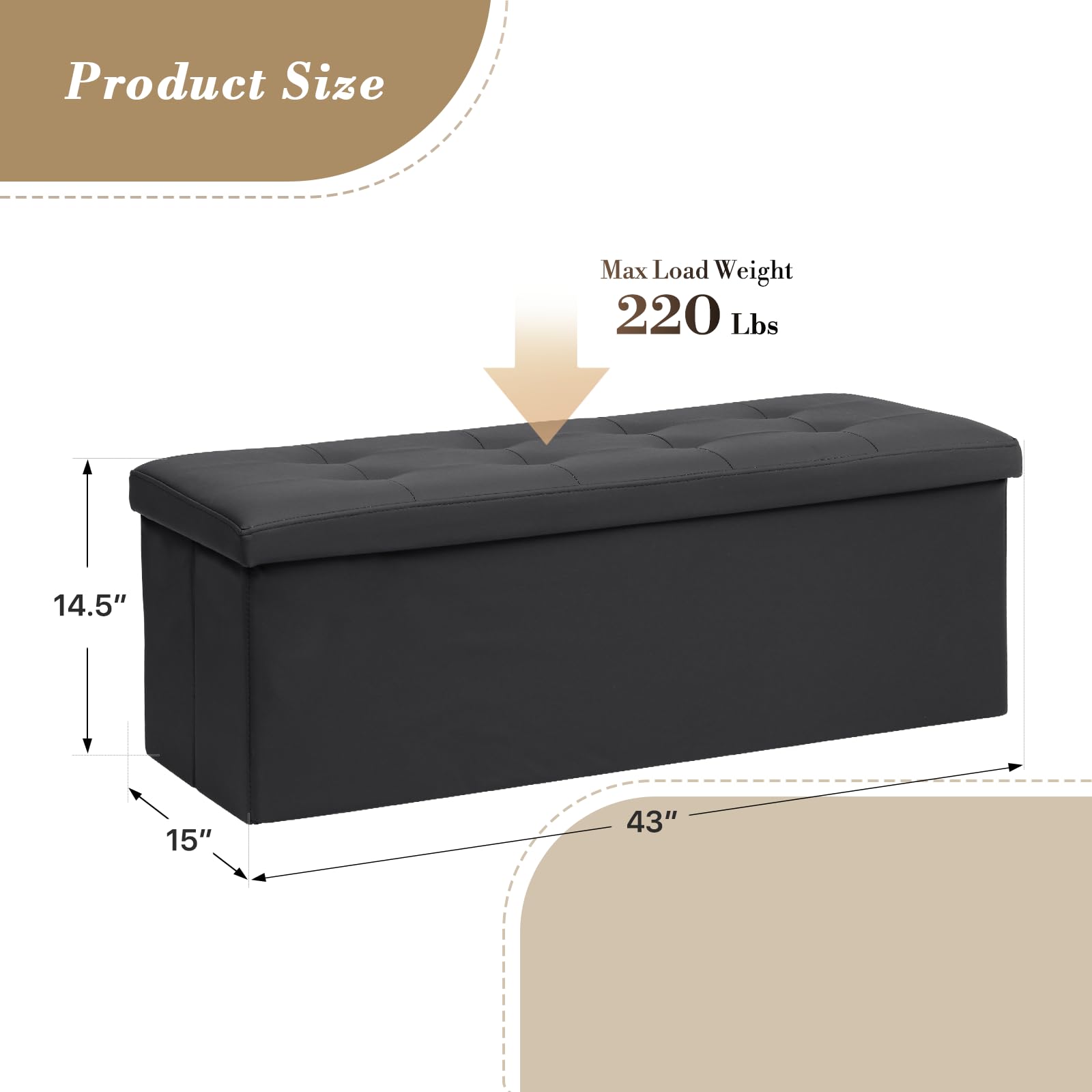 43" Storage Ottoman Bench Folding Bench with 130L Hidden Storage