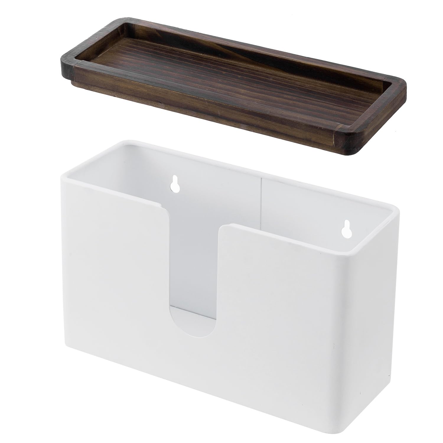 Deluxe Modern Matte White Metal Folded Commercial Paper Towel Holder with Rustic Burnt Solid Wood Tray Lid