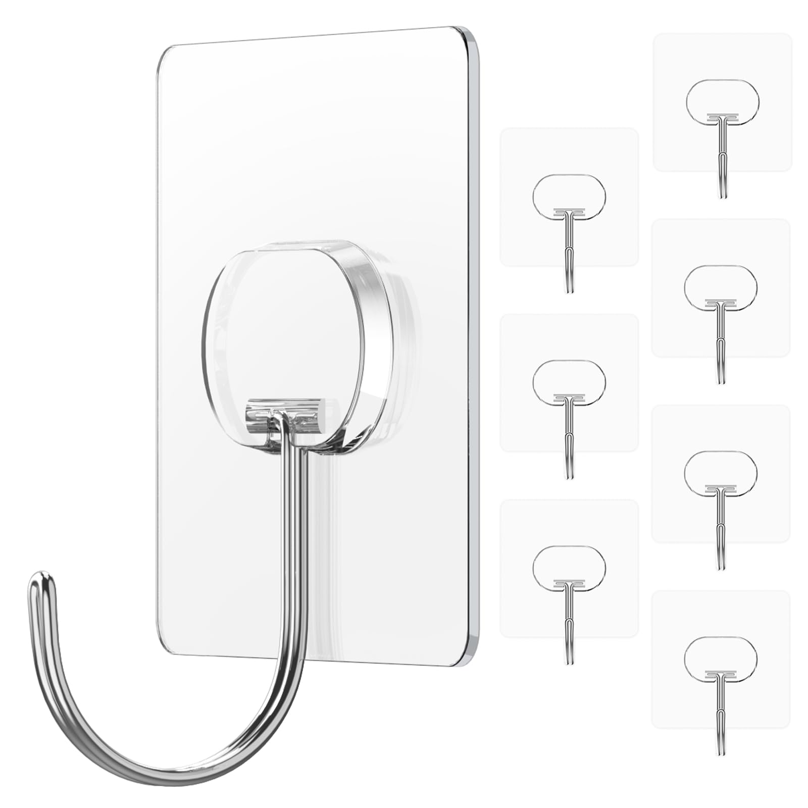 Adhesive Wall Hooks No Drill Large Clear Heavy Duty (8 Count)
