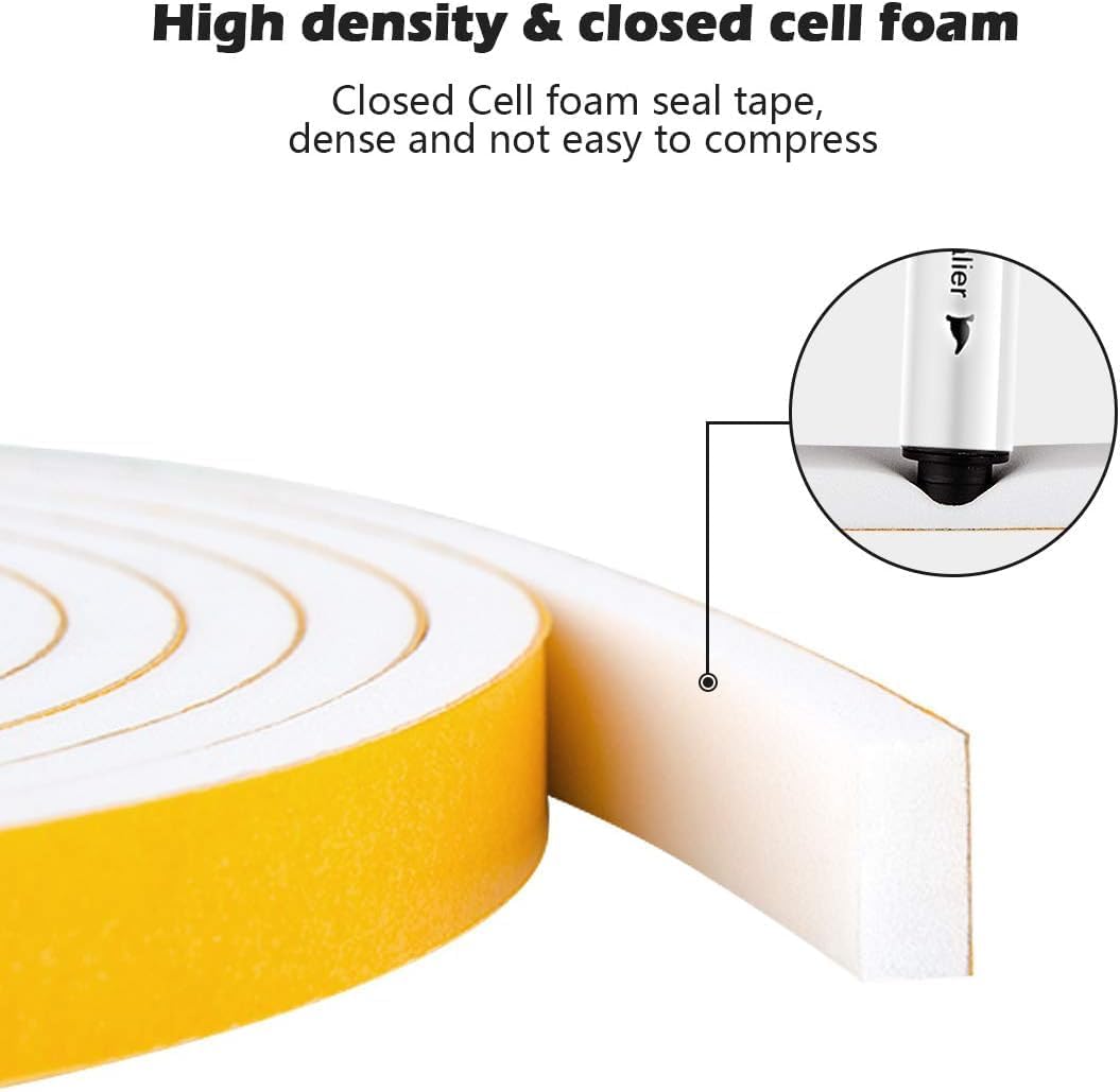 White Door Window Weather Stripping Self Adhesive Foam Tape High Density Foam Sealing Strip Window Insulation Weatherproof Gasket Tape 1 (84 Foot)
