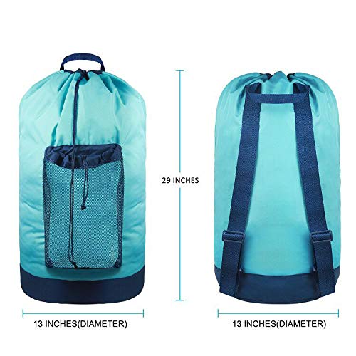 Laundry Backpack with Shoulder Straps and Mesh Pocket Durable Nylon Clothes Hamper Bag with Drawstring Closure for College