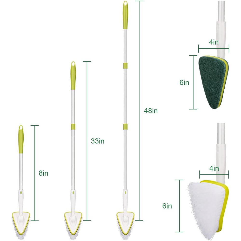 2 in 1 Bathroom Cleaning Brush with 48" Extendable Long Handle Detachable Scrub Brush 2 Scrubber Heads and 2 Scouring Pad Head for Bathroom Bathtub Floor Cleaning (4 Count)