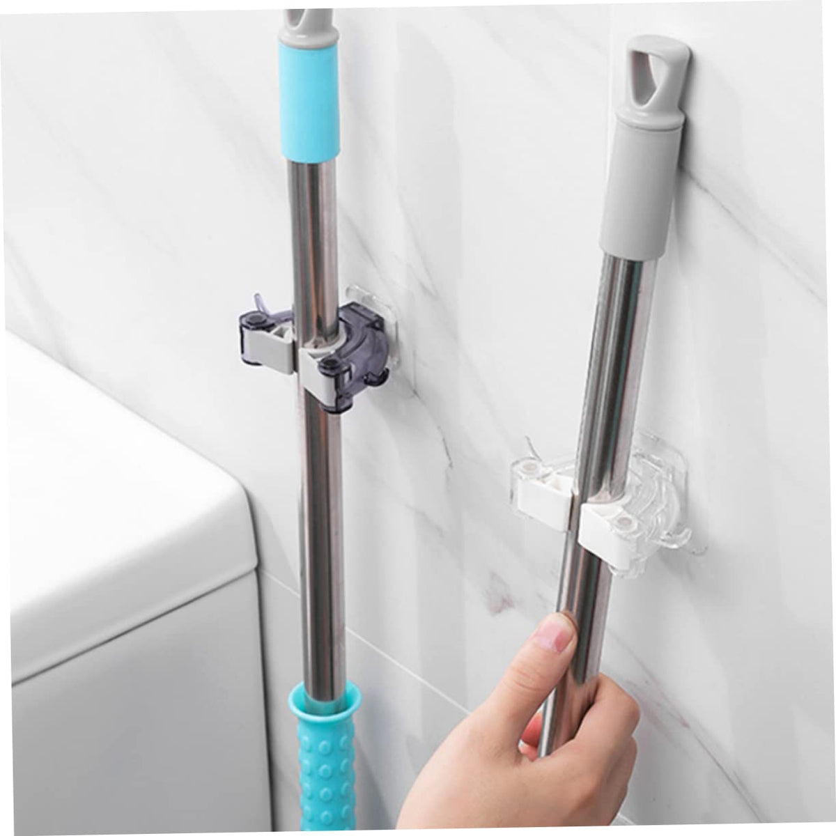 2 Pcs Seamless Mop Holder Wall Mounted No Drill Broom Hanger Clip Plastic Mop Hook for Home Kitchen Bathroom Organizer