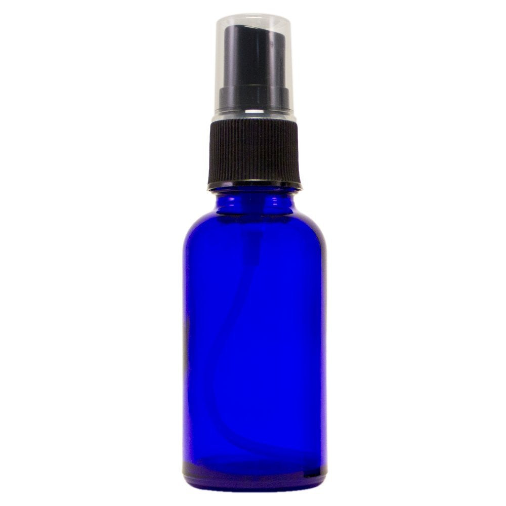 1 oz Cobalt Blue Boston Round Glass Bottle with Black Fine Mist Sprayer 12