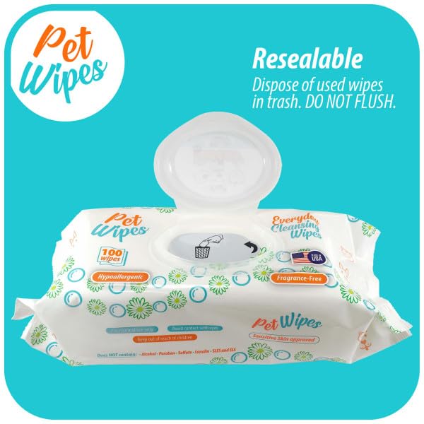 pet Wipes for Dogs and Cats Hypoallergenic Natural Products for Cleansing from Nose to Tail 400ct 8x7in Wipes in Packs of 100 Wipes Perfect for Grooming and Cleaning Made in the USA (400 Count)